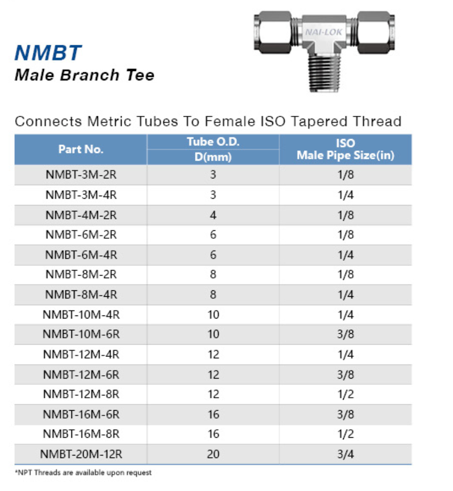 Тройник с наружной резьбой MBT : OD mm - MNPT - OD mm   / Tee MBT:  OD mm - MNPT - OD mm
